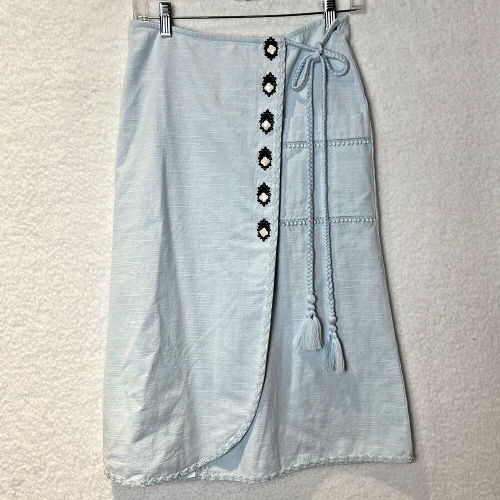 Cartolina Women's Eliana Cotton Wrap Waist Midi Skirt Pale Blue Embroidered XS